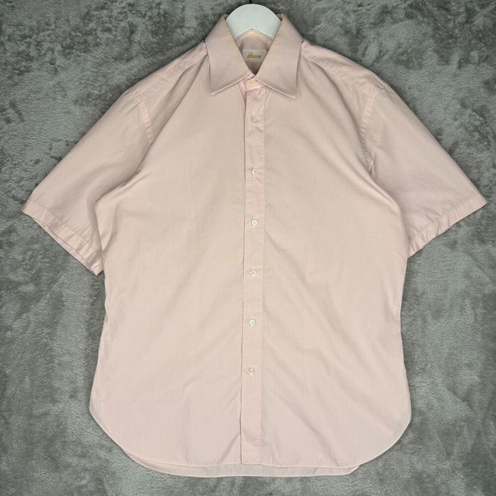Brioni Shirt Mens 38 15 Pink White Check Cotton Short Sleeve Button Up Italy